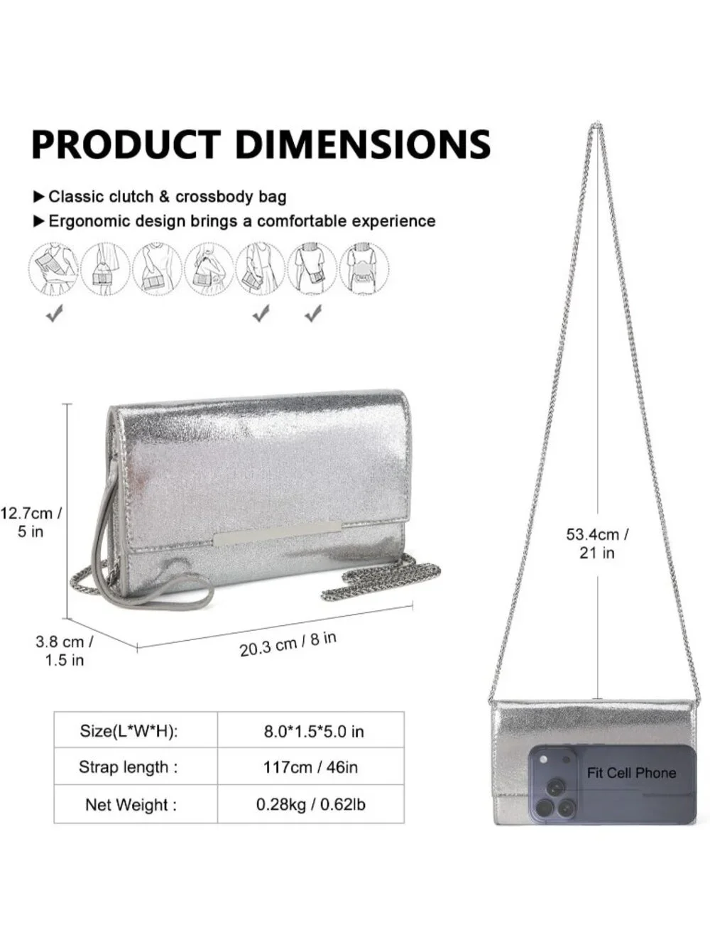 Women’s Shiny Silver Clutch Purses Wristlet Vegan Leather Formal Evening Bag